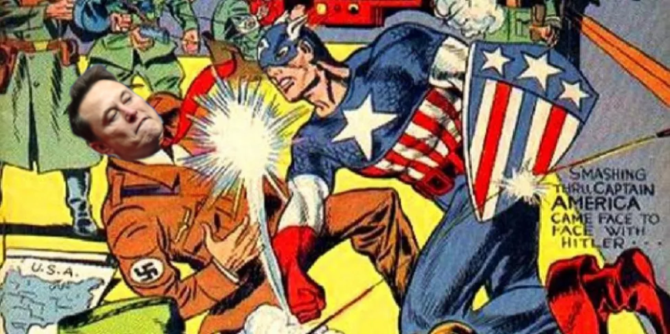 Photomanip of Captain America punching a nazi, Elon Musk.